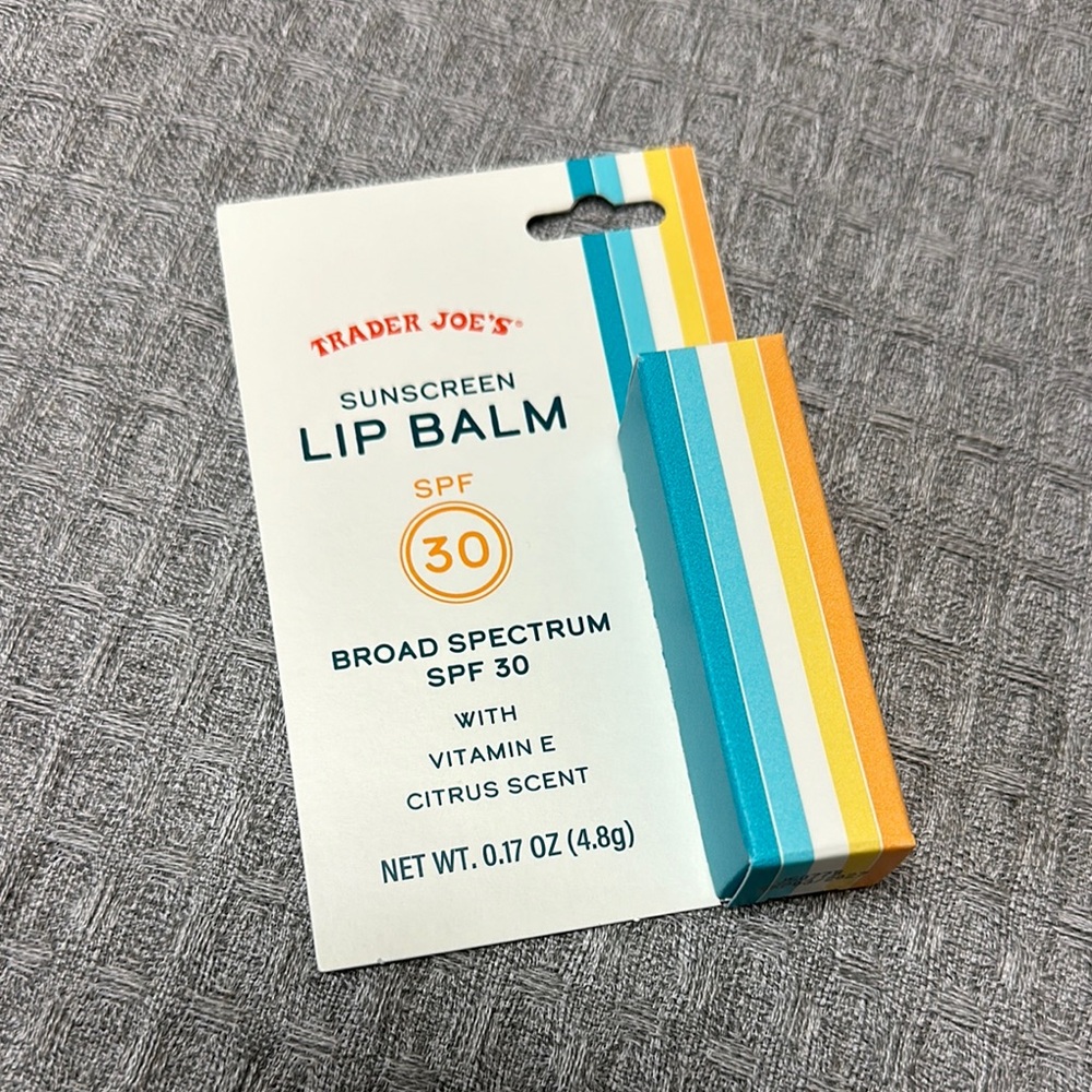 Trader Joe’s sunscreen, lip balm, SPF 30 with vitamin E and citrus scent
